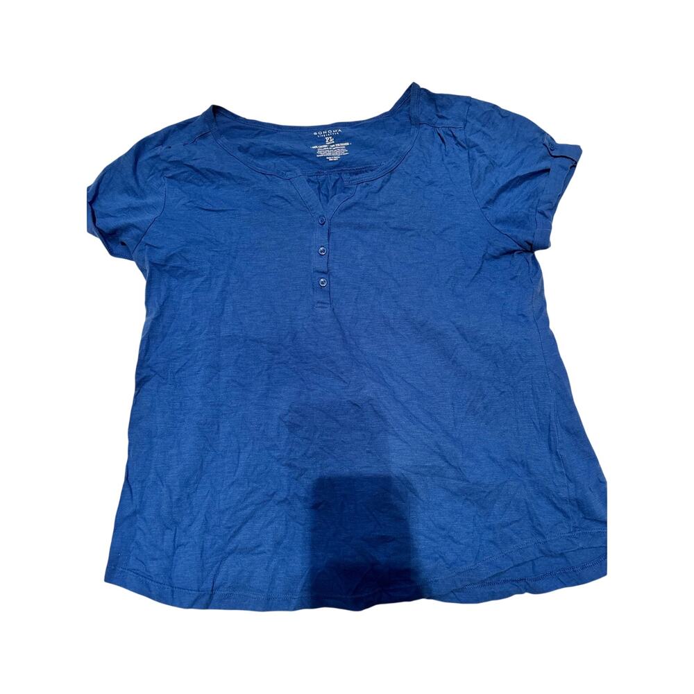 Sonoma Life+Style Blue Henley Top Women's Petite Large Short Sleeve